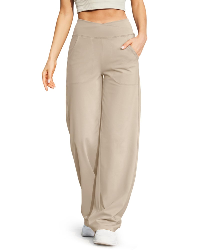 G4Free Dress Pants Women Cross Waist Wide Leg Yoga Pants with Pockets Comfy Casual Workout Pajama Sleep Pants(Light Khaki,XXL,31") - Image 1