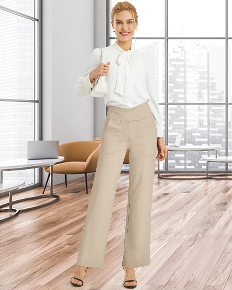 G4Free Dress Pants Women Cross Waist Wide Leg Yoga Pants with Pockets Comfy Casual Workout Pajama Sleep Pants(Light Khaki,XXL,31") - Image 3