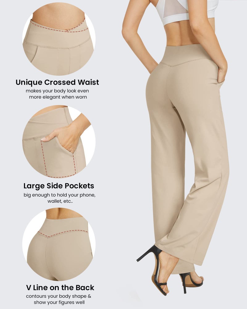 G4Free Dress Pants Women Cross Waist Wide Leg Yoga Pants with Pockets Comfy Casual Workout Pajama Sleep Pants(Light Khaki,XXL,31") - Image 4