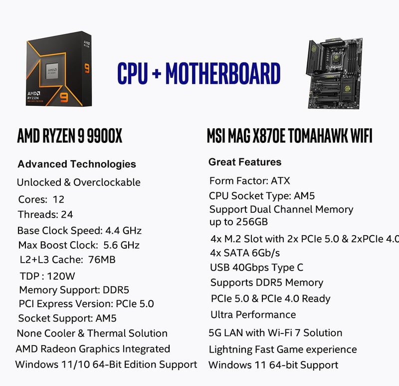 Micro Center AMD Ryzen 9 9900X CPU Processor with MSI MAG X870E Tomahawk WiFi ATX Motherboard (DDR5, PCIe 5.0 x16, M.2 Gen5, Wi-Fi 7, 5G LAN) - Image 2