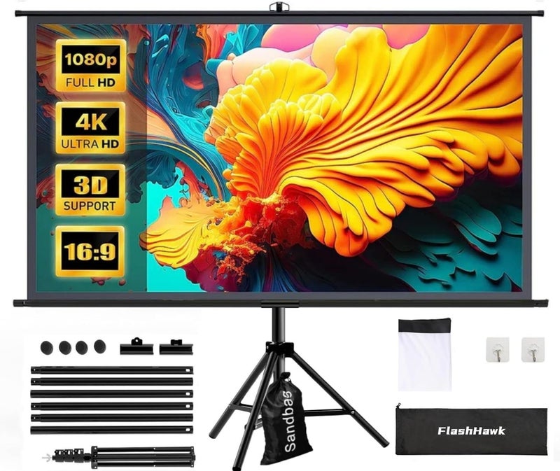 إف إتش شاشة عرض محمولة FH Flash Hawk 2-in-1 بحجم 84 بوصة ونسبة 16:9 مع حامل ثلاثي القوائم وحقيبة حمل للاستخدام الداخلي والخارجي في المسرح المنزلي والسينما في الفناء الخلفي والسفر - Image 1