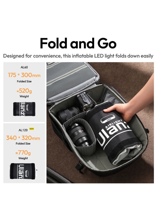 يولانزي Ulanzi AL120 ضوء أنبوب هوائي LED قابل للنفخ – 120 واط، 2700K–6500K، CRI ≥ 96، شحن سريع USB-C، تحكم عن بُعد، 10 تأثيرات إضاءة، تصميم محمول مع حقيبة حمل - Image 3