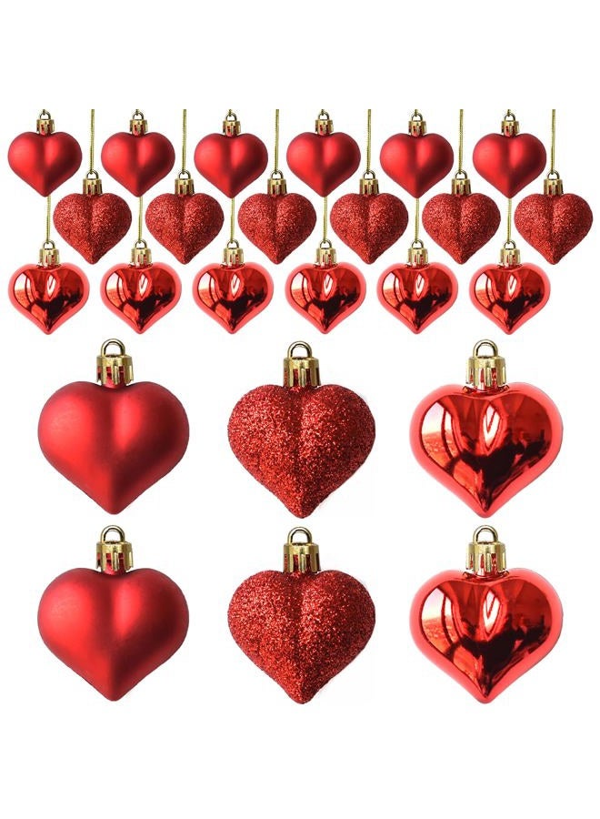 Tindobewan 24Pcs Heart Ornaments Multi Finish Heart Baubles Hanging Ornaments for Valentine's Day Decor Mother's Day Christmas Tree Wedding Anniversary Party Decoration(Red) - Image 1