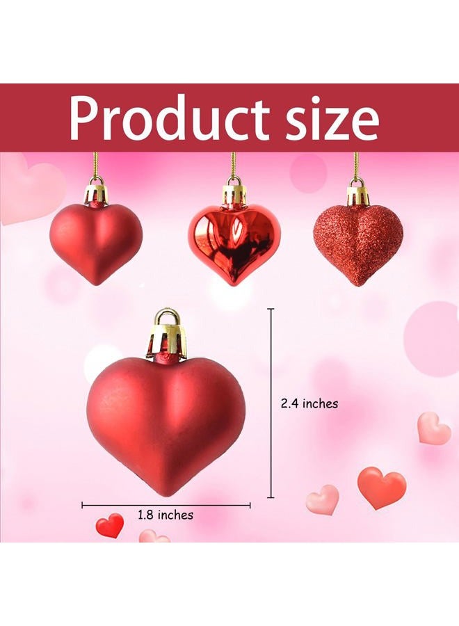 Tindobewan 24Pcs Heart Ornaments Multi Finish Heart Baubles Hanging Ornaments for Valentine's Day Decor Mother's Day Christmas Tree Wedding Anniversary Party Decoration(Red) - Image 2