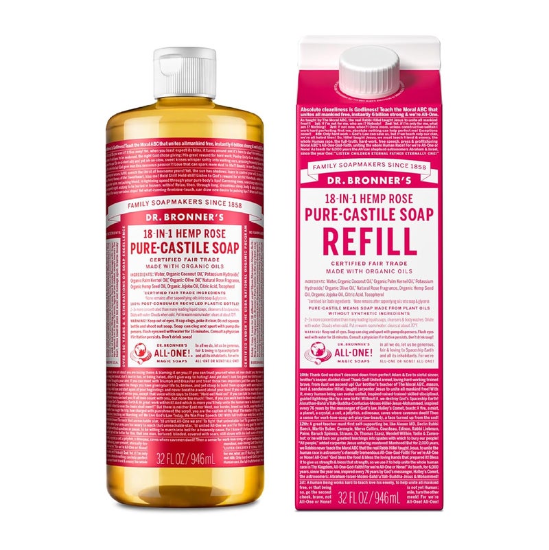 Dr. Bronner's Dr Bronners  PureCastile Liquid Soap Bottle  Refill Carton Made with 82 Less Plastic Rose 32 oz  Face Body Hair Laundry Dishes  More SuperConcentrated Organic Vegan NonGMO 