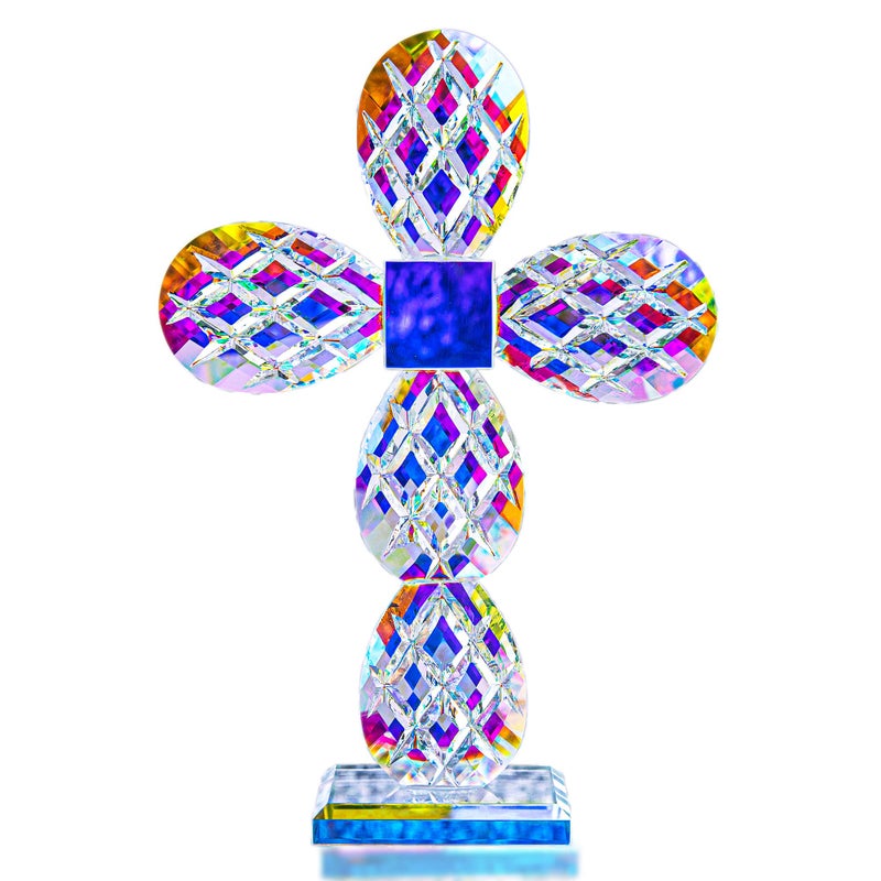QFkris 9 Tall Colorful Crystal Cross Standing Grid Modern Cross Figurine Glass Craft Memorial Gifts Christian Decor