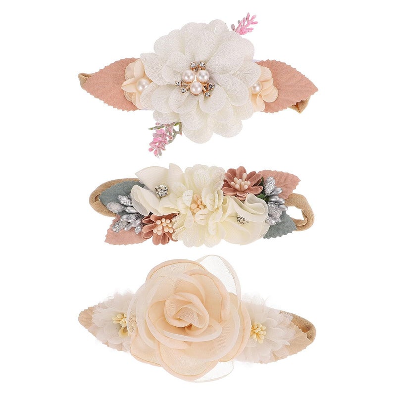 Pearl Rhinestone Nylon Photo Headbands Floral Hair Accessories For Newborn Photography 3Pcs - Image 2