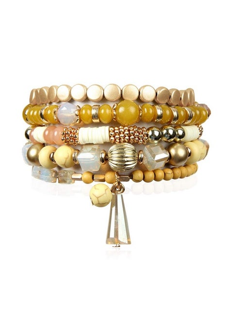Bohemian Mix Bead Multi Layer Versatile Statement Bracelets Stackable Beaded Strand Stretch Bangles Sparkly Crystal Tassel Charm (Mustard)