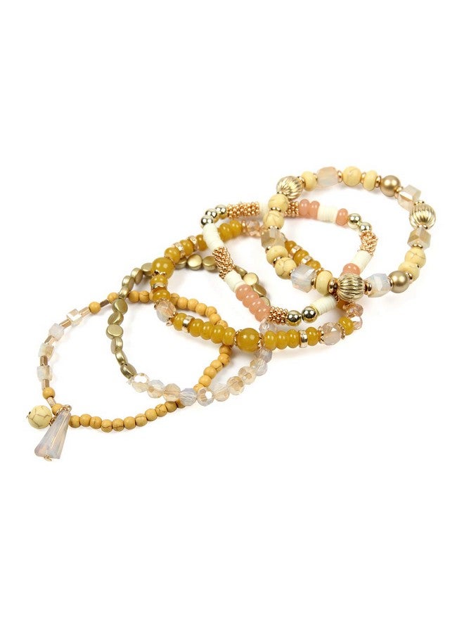 Bohemian Mix Bead Multi Layer Versatile Statement Bracelets Stackable Beaded Strand Stretch Bangles Sparkly Crystal Tassel Charm (Mustard)