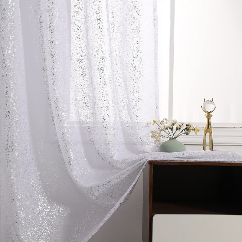TERLYTEX Sheer Sparkle Curtains for Living Room  Chic Glitter White Sheer Curtains 84 Inch Length Metallic Silver Foil Shiny Privacy Sheer Window Curtains 52 x 84 Inch 2 Panels Silver White