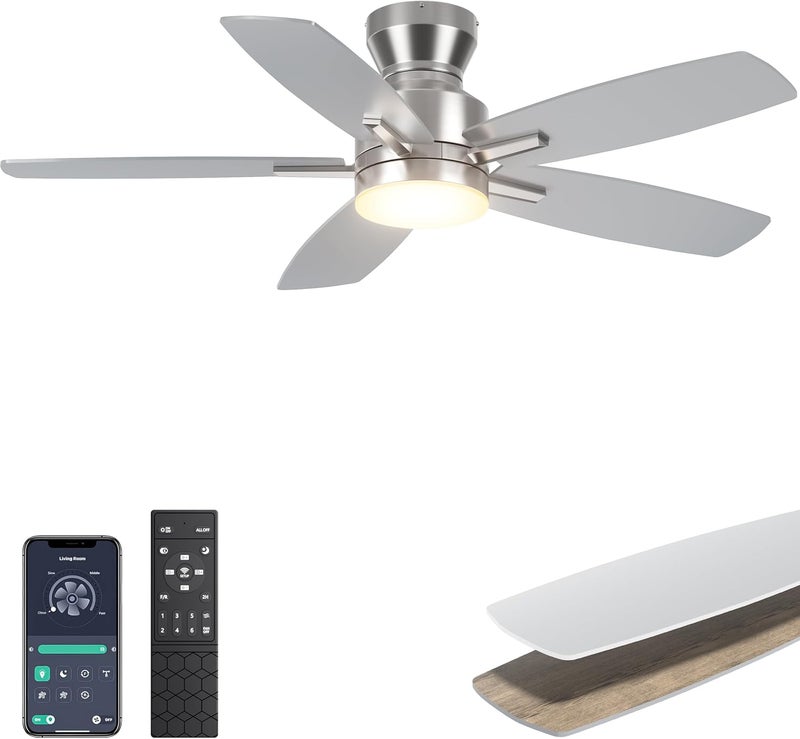 Ohniyou Ceiling Fans with Lights, 42'' Low Profile Ceiling Fan with Light and Remote/APP Control, Modern Flush Mount Ceiling Fan for Indoor Bedroom Kitchen, Dimmable, Qiuet DC Motor,Sliver - Image 1