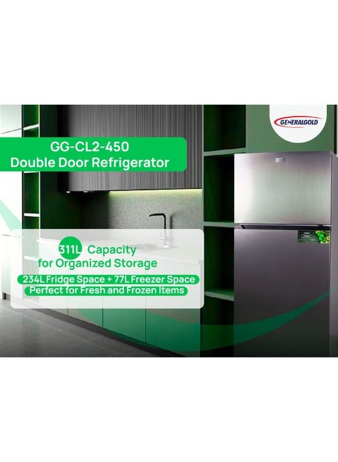 General Gold Double Door Refrigerator, 311L Capacity, Energy Efficient, Defrost System, LED Light, Sleek Inox Finish