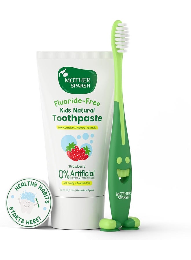 Mother Sparsh Toothpaste for Kids-50g, Strawberry (With Free Toothbrush) | Strengthens Gums, Whitens Teeth | Preservative & Fluoride Free Baby Toothpaste | Anti Cavity + Enamel Care