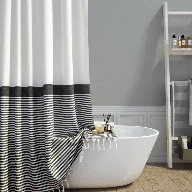 Dynamene Modern Farmhouse Fabric Shower Curtain Boho Black and White Striped Cloth Bathroom Shower Curtain with Tassels Hotel Luxury Decorative Shower Curtain Set with 12 Hooks  72x72
