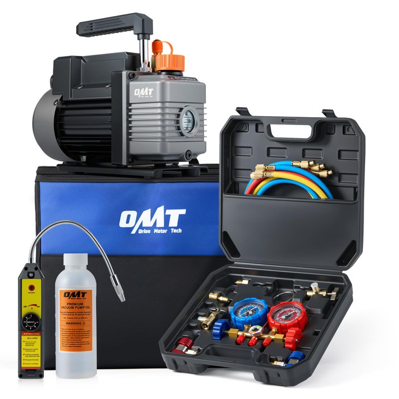 Orion Motor Tech AC Vacuum Pump and Gauge Set 13 hp 4 cfm Vacuum Pump Manifold Gauge Kit with Leak Detector 3 Hoses Accessories for R134a R12 R22 R502 AC Vacuum Pump Kit for Auto HVAC Systems - Image 3
