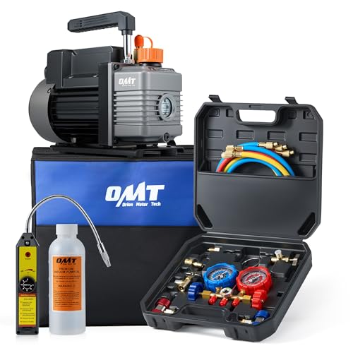 Orion Motor Tech AC Vacuum Pump and Gauge Set 13 hp 4 cfm Vacuum Pump Manifold Gauge Kit with Leak Detector 3 Hoses Accessories for R134a R12 R22 R502 AC Vacuum Pump Kit for Auto HVAC Systems - Image 1