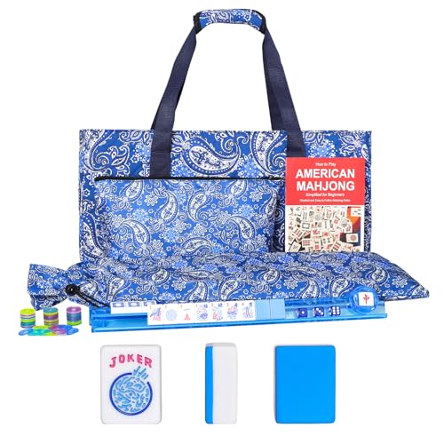 GUSTARIA American Mahjong Game Set 166 Blue Tiles 12 4 AllinOne Color RackPushers  Drawstring Bag Complete Mahjong Sets with Blue Printed Carrying Bag and Mahjong Tile Set Accessories - Image 1