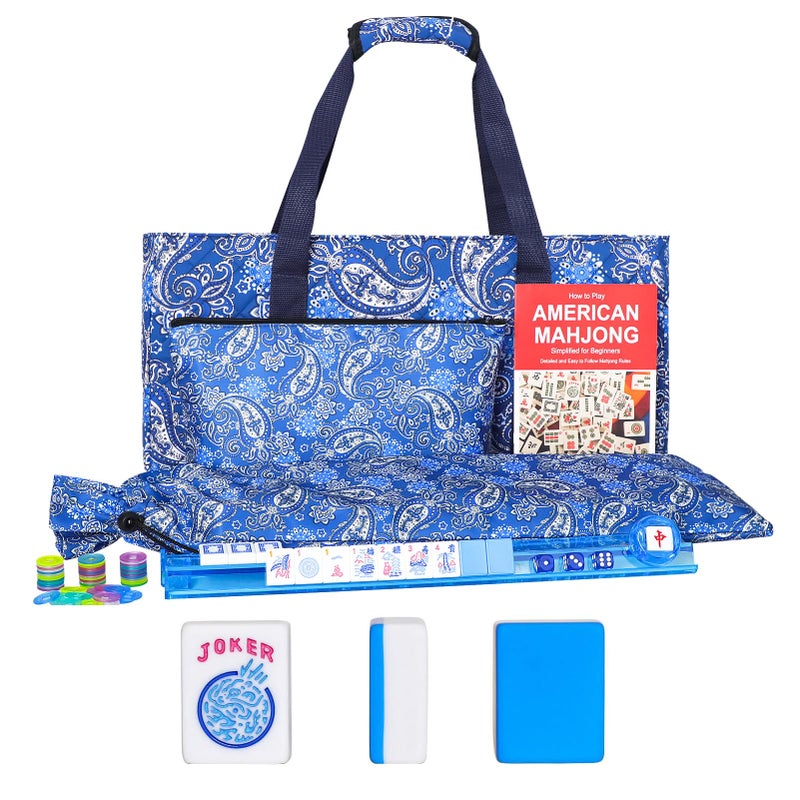 GUSTARIA American Mahjong Game Set 166 Blue Tiles 12 4 AllinOne Color RackPushers  Drawstring Bag Complete Mahjong Sets with Blue Printed Carrying Bag and Mahjong Tile Set Accessories - Image 3