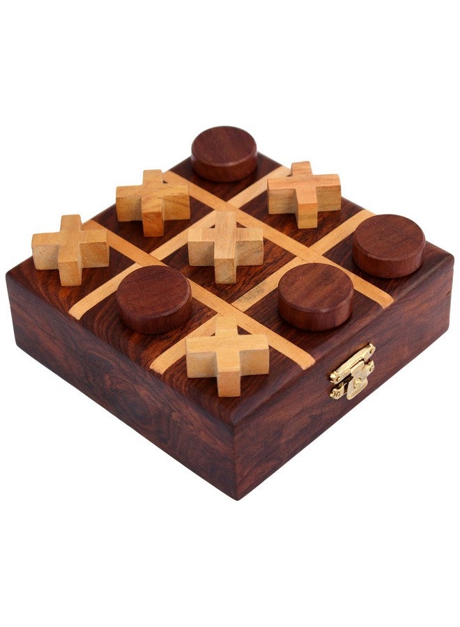 itos365 handmade wooden tic tac toe game gifts for kids, 4.5 x 4.5 inches-Brown - Image 1