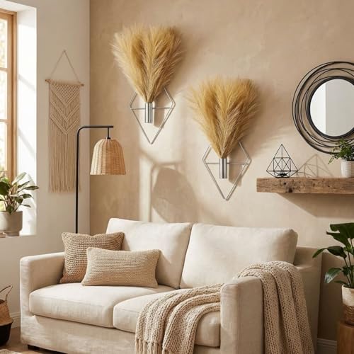 Canlierr 2 Pieces Boho Wall Decor Hanging Planters with Artificial Plants Metal Hanging Vase Indoor Plants Holder Modern Wall Art for Bathroom Bedroom Living Room Decor, Silver, Pampas Grass - Image 4