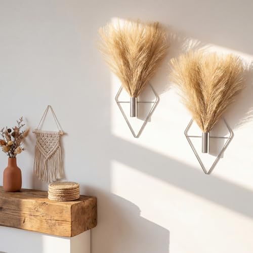 Canlierr 2 Pieces Boho Wall Decor Hanging Planters with Artificial Plants Metal Hanging Vase Indoor Plants Holder Modern Wall Art for Bathroom Bedroom Living Room Decor, Silver, Pampas Grass - Image 1