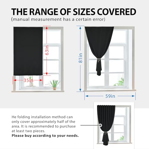 Jilron Autohesion Curtains for Windows,Bedroom Blackout Curtains for - Thermal Lnsulated No Drill Curtains Room Darkening Black Small Drapes, (1 Panels,35Wx63L inch-Black) - Image 3