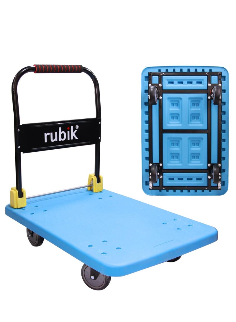 Rubik Platform Flat Trolley, 600kg Weight Capacity and 360 Degree Swivel Wheels, Foldable Push Hand Cart for Pulling Moving Goods Cartons (Large, 88x58cm) Blue/Black - Image 1