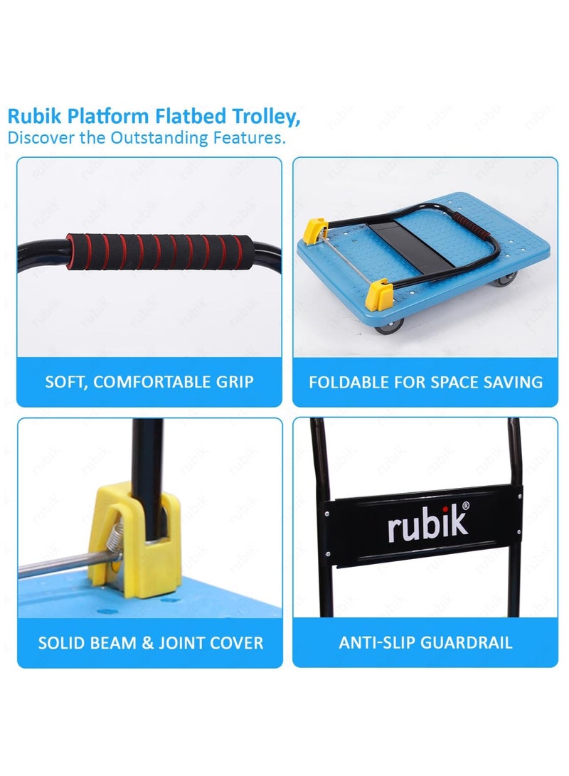 Rubik Platform Flat Trolley, 600kg Weight Capacity and 360 Degree Swivel Wheels, Foldable Push Hand Cart for Pulling Moving Goods Cartons (Large, 88x58cm) Blue/Black - Image 4