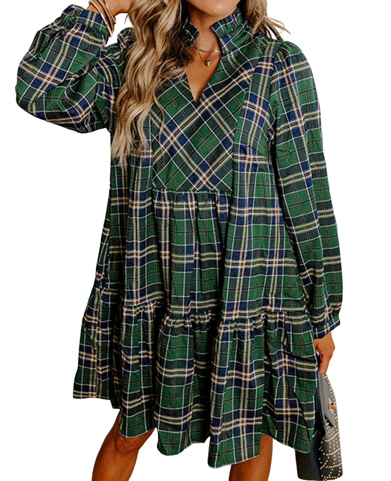 SELINK Womens Long Sleeve Dresses Casual V Neck Tribal Print Button Flowy Boho Mini Beach Dress Green Plaid-XXL - Image 1