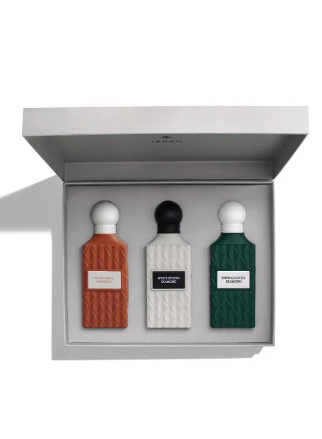 IBRAQ Grey Diamond Box – Nude Coral, White Regent & Emerald Soul Diamond Perfume Collection (75ml Each) - Image 4