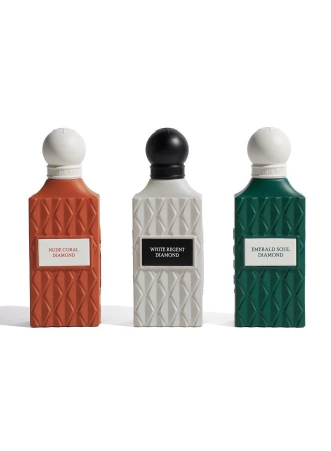 IBRAQ Grey Diamond Box – Nude Coral, White Regent & Emerald Soul Diamond Perfume Collection (75ml Each) - Image 3