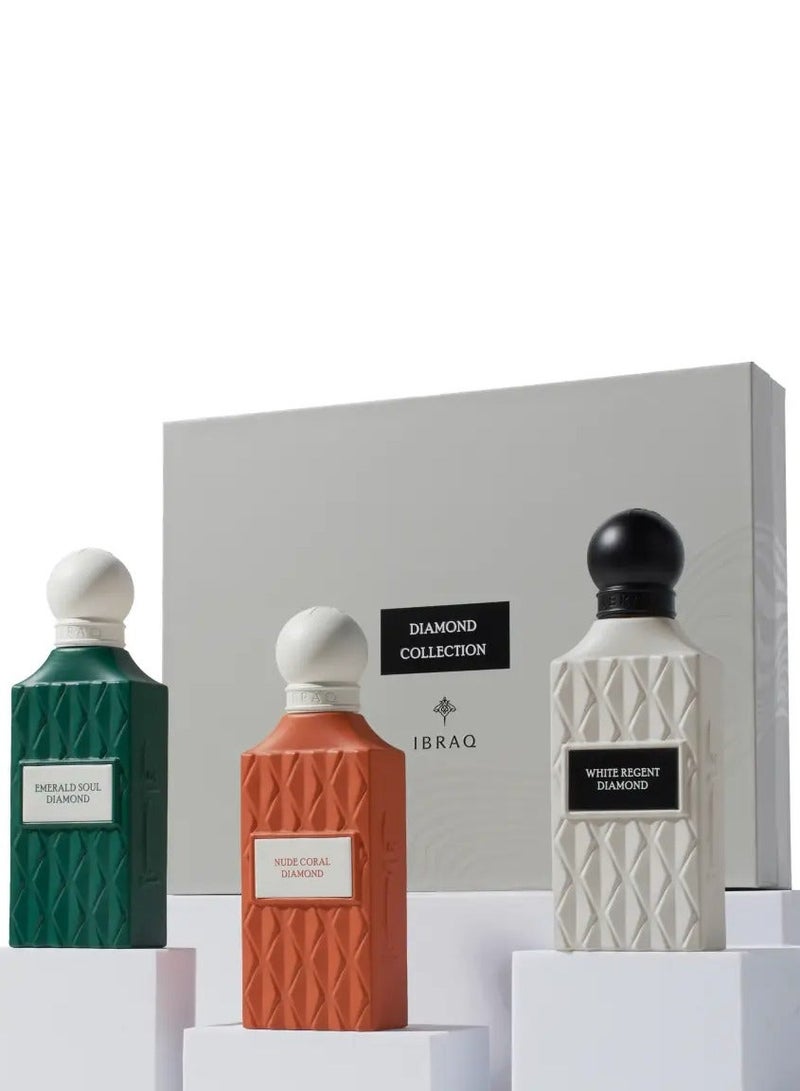 IBRAQ Grey Diamond Box – Nude Coral, White Regent & Emerald Soul Diamond Perfume Collection (75ml Each) - Image 1
