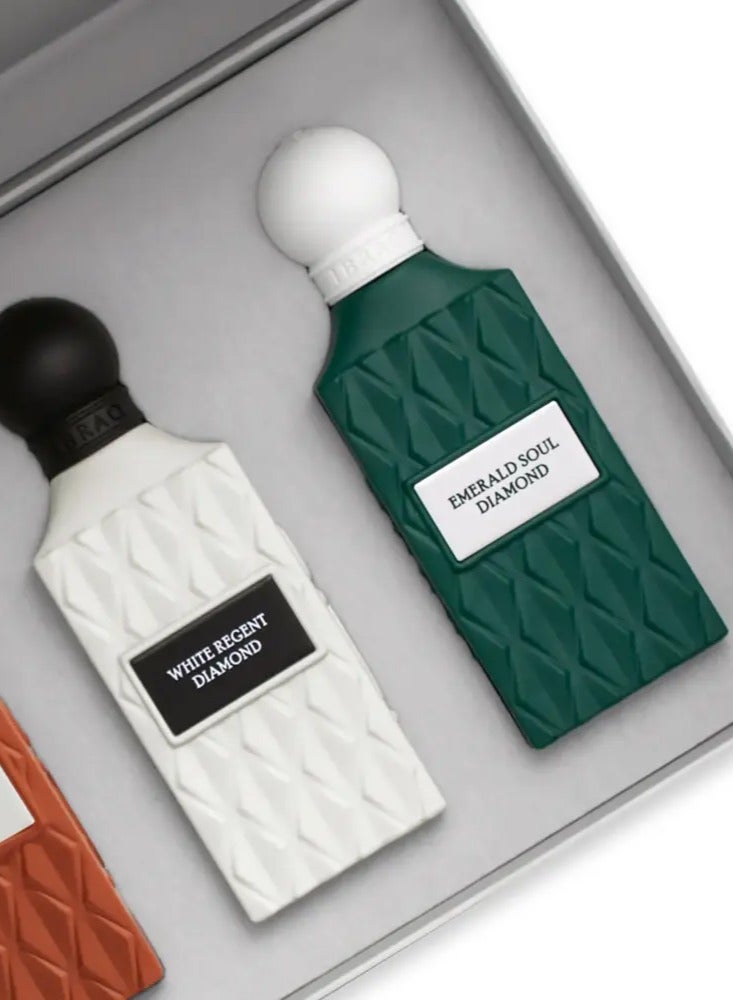 IBRAQ Grey Diamond Box – Nude Coral, White Regent & Emerald Soul Diamond Perfume Collection (75ml Each) - Image 2