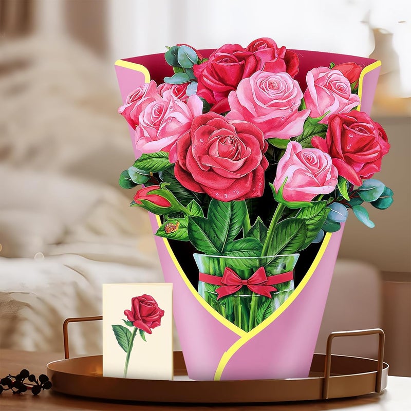 Airpark Pop Up Flower Card, 3D Paper Flowers Bouquet, Valentines Day, Birthday, Thank You Greeting Cards with Note Card & Envelope, Red and Pink Roses - Image 2