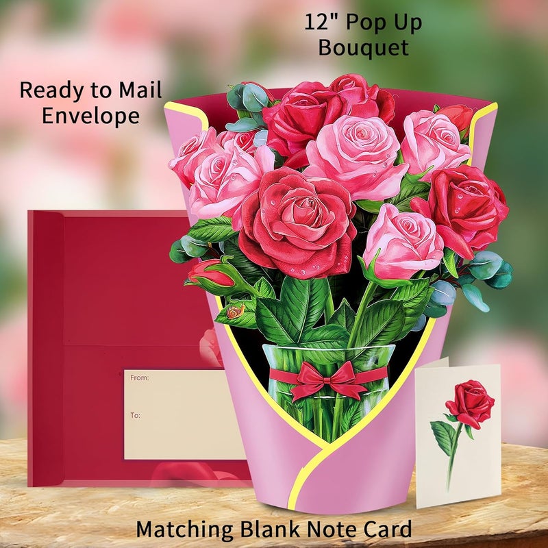 Airpark Pop Up Flower Card, 3D Paper Flowers Bouquet, Valentines Day, Birthday, Thank You Greeting Cards with Note Card & Envelope, Red and Pink Roses - Image 3