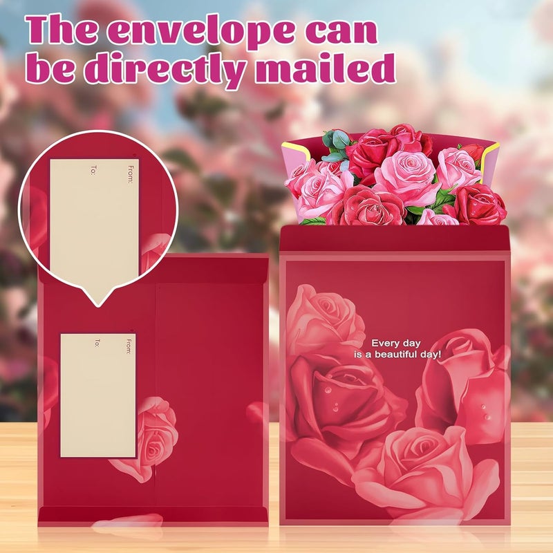 Airpark Pop Up Flower Card, 3D Paper Flowers Bouquet, Valentines Day, Birthday, Thank You Greeting Cards with Note Card & Envelope, Red and Pink Roses - Image 4