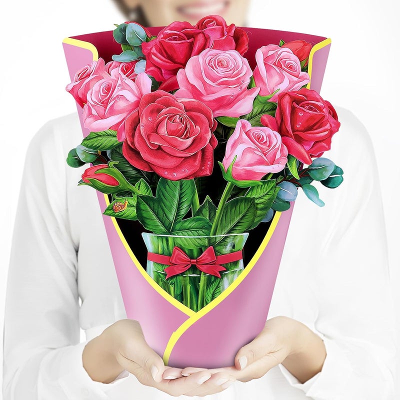 Airpark Pop Up Flower Card, 3D Paper Flowers Bouquet, Valentines Day, Birthday, Thank You Greeting Cards with Note Card & Envelope, Red and Pink Roses - Image 1