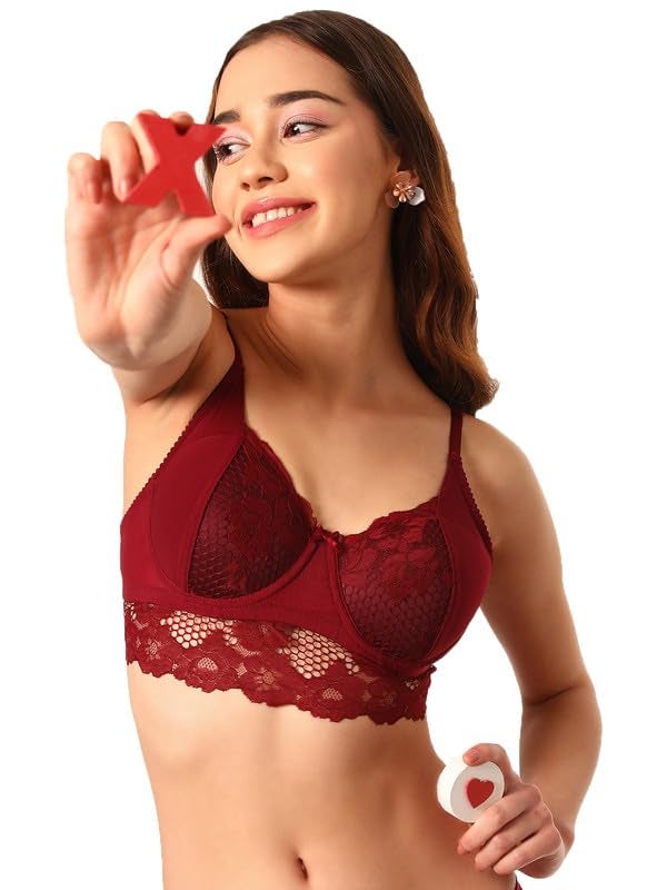 Clovia Women's Lace Solid Padded Full Cup Underwired Bralette Bra - Maroon (Maroon_BR1965S09_42C) - Image 2