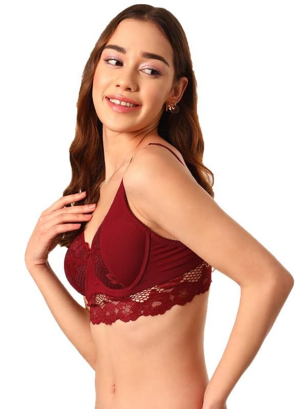 Clovia Women's Lace Solid Padded Full Cup Underwired Bralette Bra - Maroon (Maroon_BR1965S09_42C) - Image 3