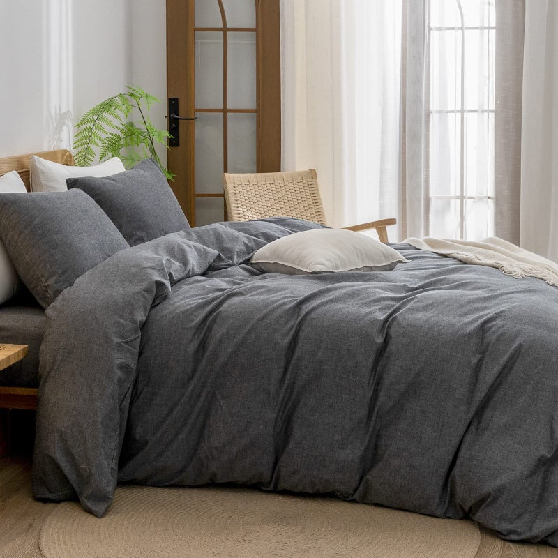 BESTOUCH Duvet Cover Set 100% Washed Cotton Linen Feel Super Soft Comfortable Chic Lightweight 3 PCs Home Bedding Set Solid Dark Black Full/Double - Image 3
