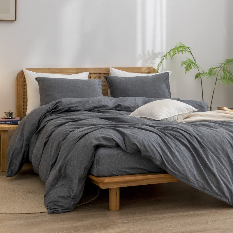 BESTOUCH Duvet Cover Set 100% Washed Cotton Linen Feel Super Soft Comfortable Chic Lightweight 3 PCs Home Bedding Set Solid Dark Black Full/Double - Image 4
