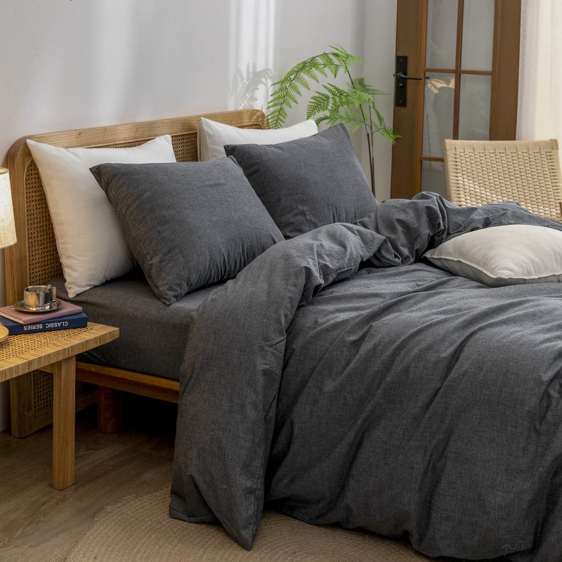 BESTOUCH Duvet Cover Set 100% Washed Cotton Linen Feel Super Soft Comfortable Chic Lightweight 3 PCs Home Bedding Set Solid Dark Black Full/Double - Image 2