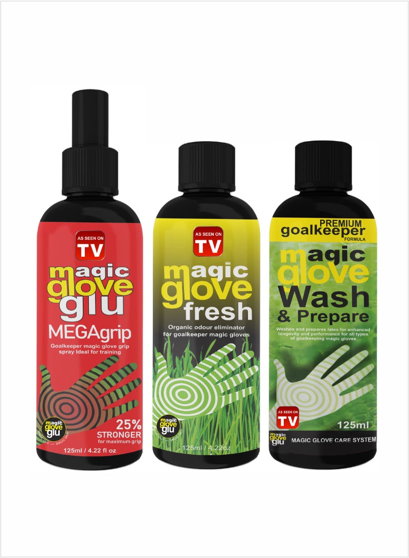 AS SEEN ON TV Magic gloveglu Ultimate Glove Care Kit, Glove Glue MegaGrip Spray, Freshner And Wash Combo 3x125ml 
