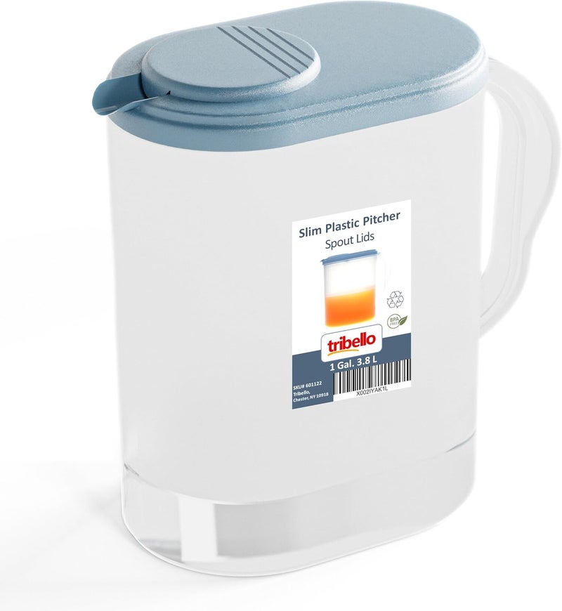 Tribello Pitcher with Lid 1 Gallon, Slim Clear Plastic Water Pitcher with Pivot-top Spout Lids, Iced Tea Pitcher for Fridge, Freezer/Dishwasher Safe, and BPA/Phthalate Free - Image 1