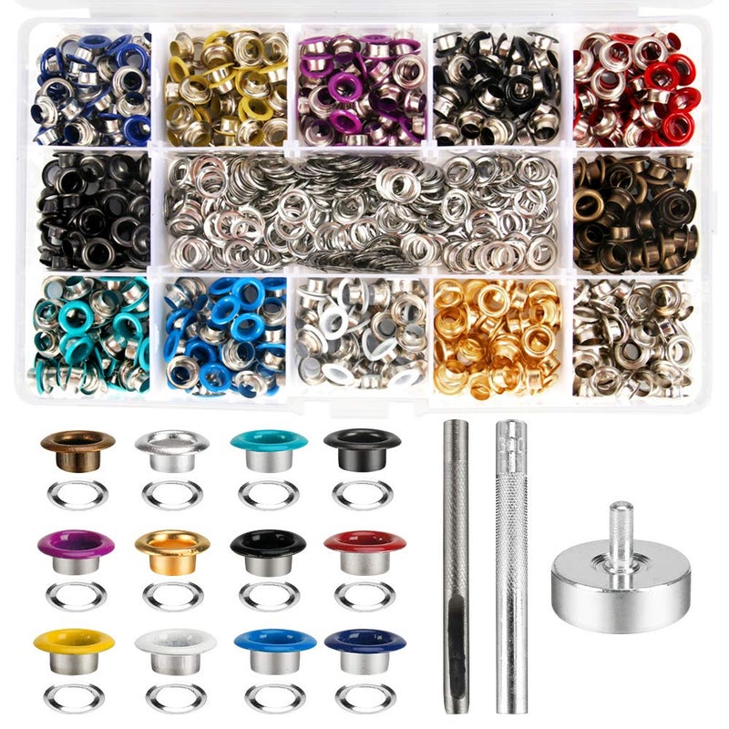 Meifuly Metal Eyelets, 600Pcs 12 Colors 3/16 inch Metal Grommets Kit, Multi-Color Grommets Kit, Metal Eyelets Set with 3 Pieces Installation Tool and Storage Box for DIY Shoes Clothes Crafts Bag - Image 1
