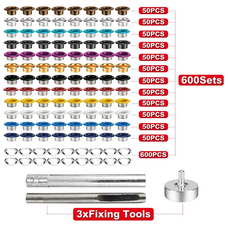 Meifuly Metal Eyelets, 600Pcs 12 Colors 3/16 inch Metal Grommets Kit, Multi-Color Grommets Kit, Metal Eyelets Set with 3 Pieces Installation Tool and Storage Box for DIY Shoes Clothes Crafts Bag - Image 2