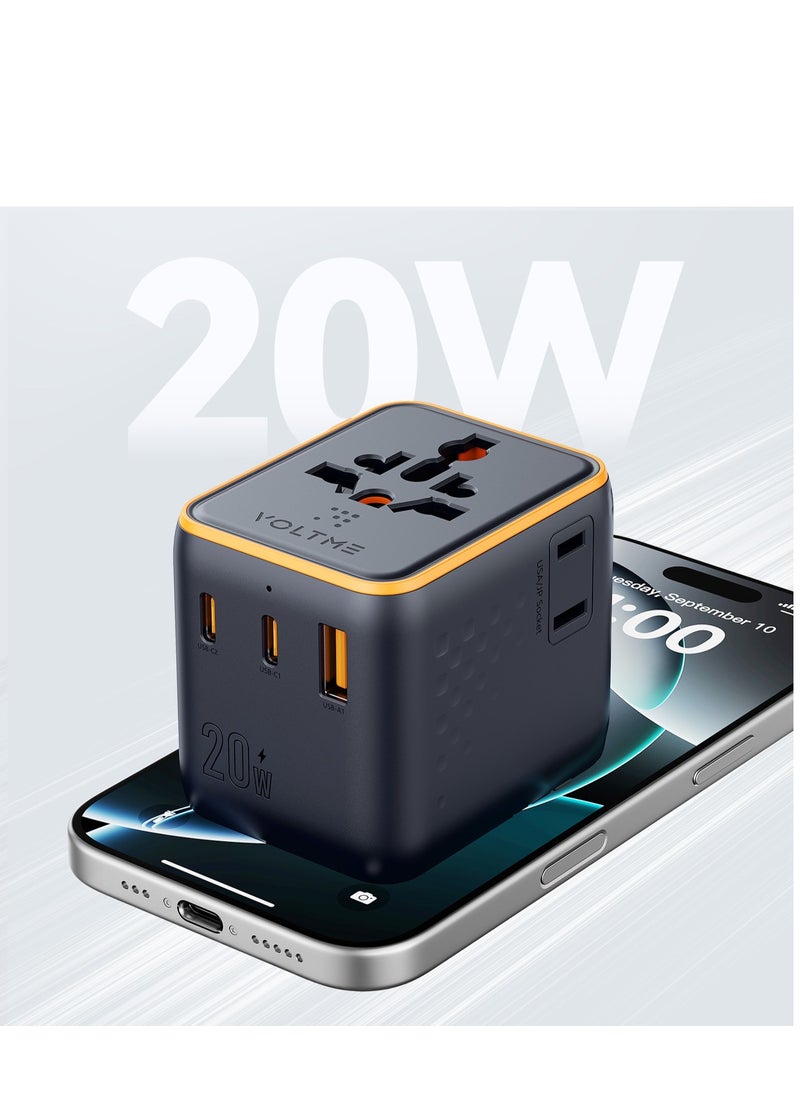 VOLTME 5 in 1 Universal Travel Adapter, 20W International PD Charger with 2 Type-C PD Ports and 1 QC 4.0 USB Port, 2 AC Outputs, Universal Plug Adapter Supports 200+ Countries (US/EU/UK/AU), Fast Charging Adapter for iPhone 16/15/14, Galaxy S25/S24/S23, MacBook Pro/Air, iPad, Xiaomi, OnePlus - Max Power 2500W, Small and Compact International Power Adapter  - Image 1