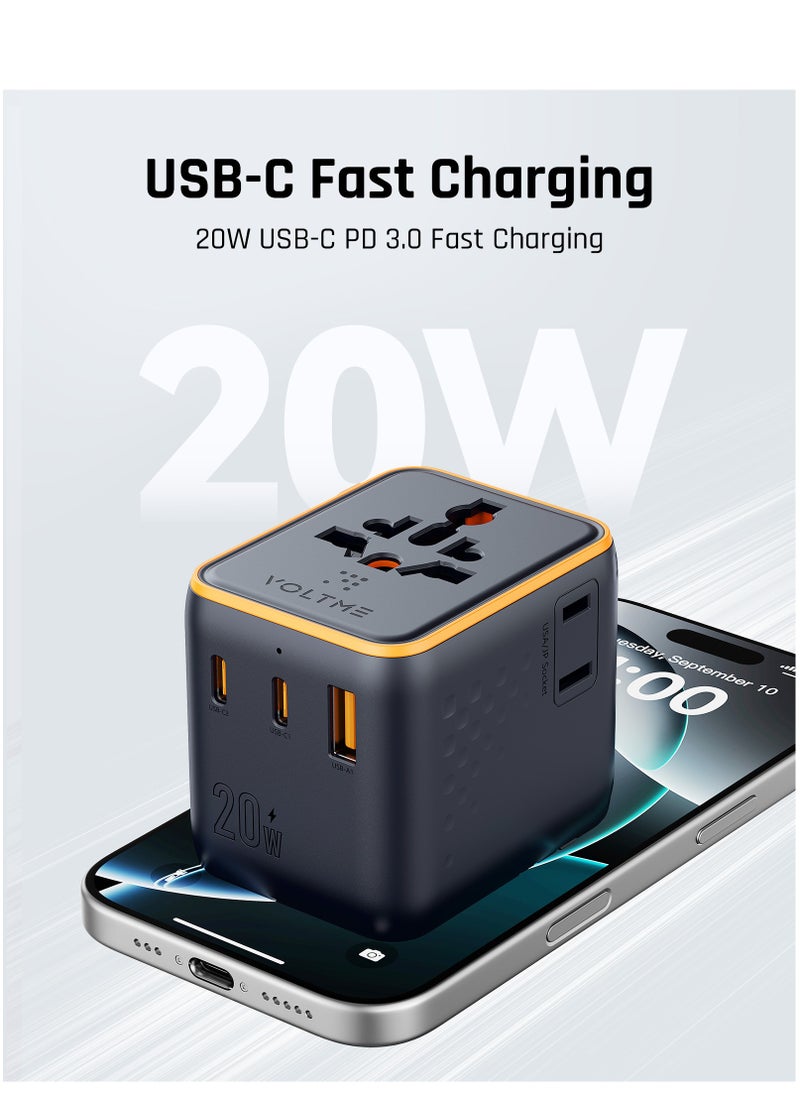 VOLTME 5 in 1 Universal Travel Adapter, 20W International PD Charger with 2 Type-C PD Ports and 1 QC 4.0 USB Port, 2 AC Outputs, Universal Plug Adapter Supports 200+ Countries (US/EU/UK/AU), Fast Charging Adapter for iPhone 16/15/14, Galaxy S25/S24/S23, MacBook Pro/Air, iPad, Xiaomi, OnePlus - Max Power 2500W, Small and Compact International Power Adapter  - Image 3