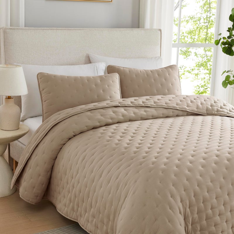 WDCOZY Beige Cloud California Cal King Size Quilt Bedding Sets with Pillow Shams, Oversized Tan Lightweight Bedspread Coverlet, Taupe Camel Soft Cute Bed Cover for All Season - Image 3
