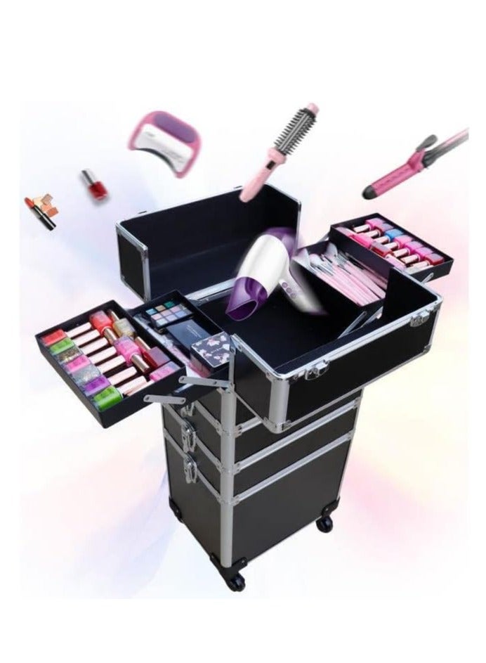 Makeup Trolley Case Professional Makeup Case Large Makeup Train Case with Wheels for Makeup Artist, Nail Tech, Masseuse, Hairstylist (4 Layers, Black) - Image 2